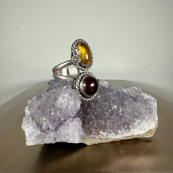 Silver Ring with Amber and Garnet Double Gemstone Jewelry  Size 9 - Picture 2 of 5